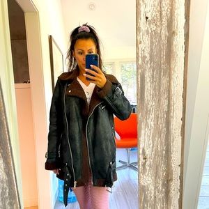 Black and brown oversized aviator coat
